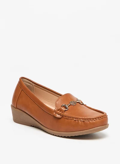Flora Bella By Shoexpress Solid Slip-On Loafers with Wedge Heels and Metallic Accent