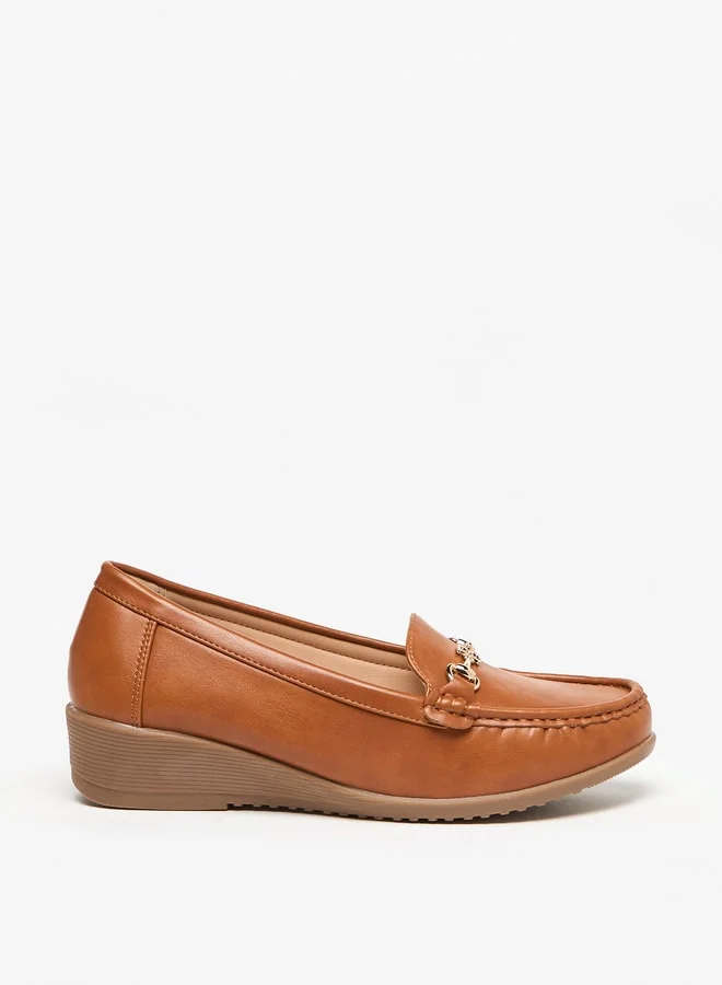 Flora Bella By Shoexpress Solid Slip-On Loafers with Wedge Heels and Metallic Accent