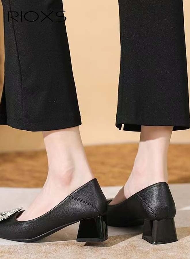 RIOXS Women's Low Heel Court Shoes, Squared Closed Toe Loafers, Shiny Rhinestone Chunky Heel Shoes, Classic Versatile Chunky Heel Shoes, Ladies Non-slip Heels, Perfect For Work, Parties, Interviews, Weddings - Image 4