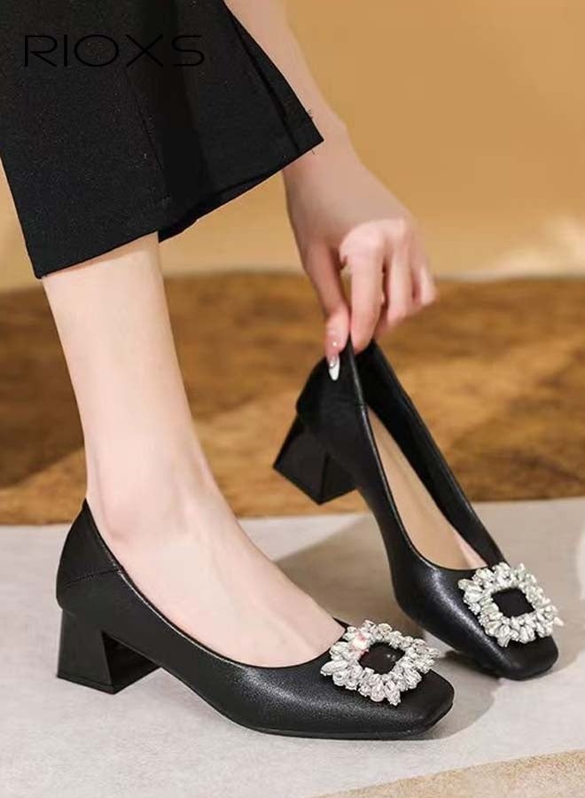 RIOXS Women's Low Heel Court Shoes, Squared Closed Toe Loafers, Shiny Rhinestone Chunky Heel Shoes, Classic Versatile Chunky Heel Shoes, Ladies Non-slip Heels, Perfect For Work, Parties, Interviews, Weddings - Image 1