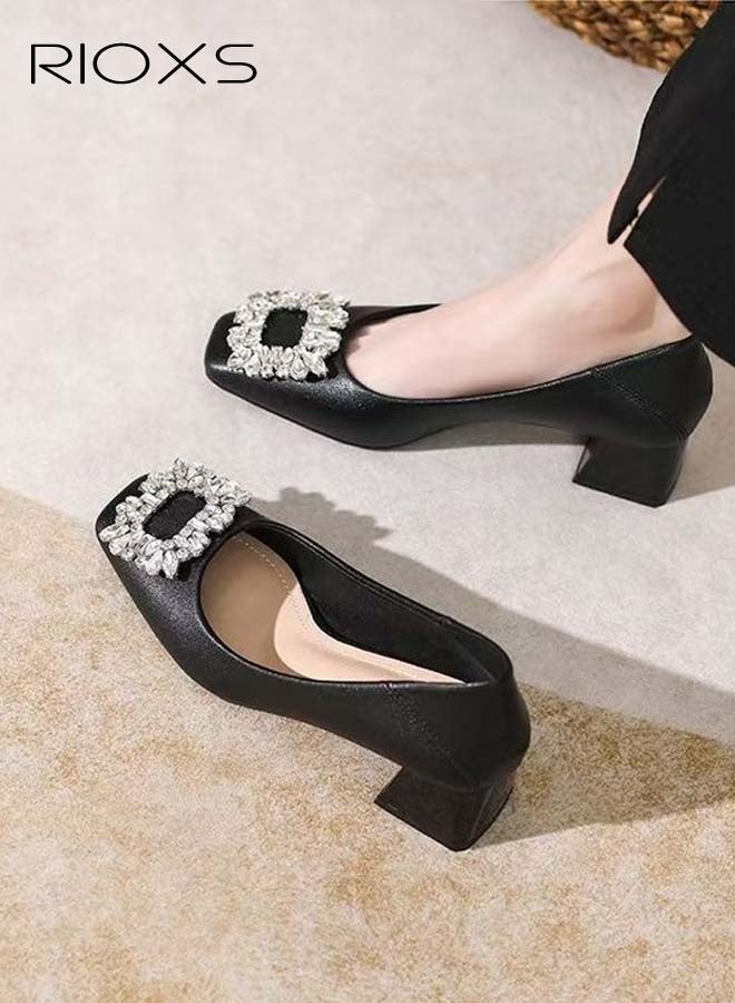 RIOXS Women's Low Heel Court Shoes, Squared Closed Toe Loafers, Shiny Rhinestone Chunky Heel Shoes, Classic Versatile Chunky Heel Shoes, Ladies Non-slip Heels, Perfect For Work, Parties, Interviews, Weddings - Image 3