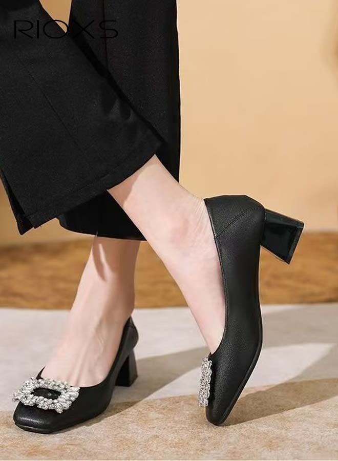 RIOXS Women's Low Heel Court Shoes, Squared Closed Toe Loafers, Shiny Rhinestone Chunky Heel Shoes, Classic Versatile Chunky Heel Shoes, Ladies Non-slip Heels, Perfect For Work, Parties, Interviews, Weddings - Image 5