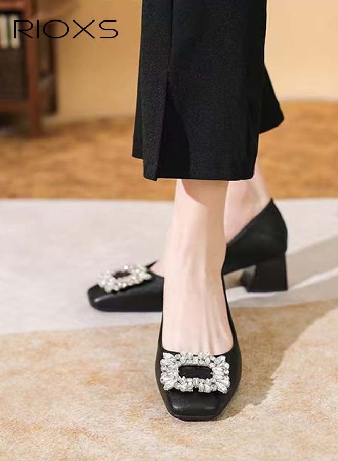 RIOXS Women's Low Heel Court Shoes, Squared Closed Toe Loafers, Shiny Rhinestone Chunky Heel Shoes, Classic Versatile Chunky Heel Shoes, Ladies Non-slip Heels, Perfect For Work, Parties, Interviews, Weddings - Image 2