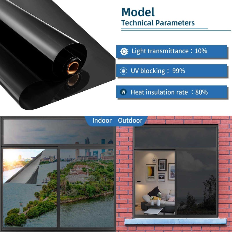 xiawei Heat Control Window Film, Window Tint Sun Blocking Blackout and UV Protection, one-Way Privacy Mirror Reflective Film,Explosion-Proof Premium PET Material Cosmic Black, 17.5 Inch x 6.5 Feet - Image 2