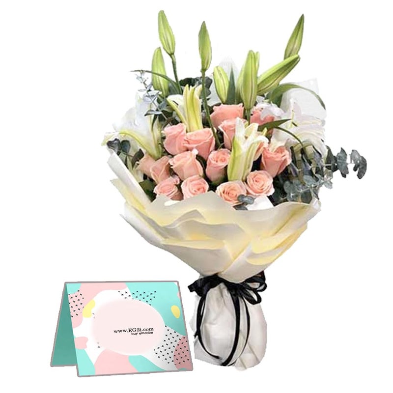 EG2i Pink Roses and White Lilies Hand Bouquet For Valentines Day Gift Birthday Gift Anniversary Gift Mothers Day Gift Same Day Delivery - Image 1