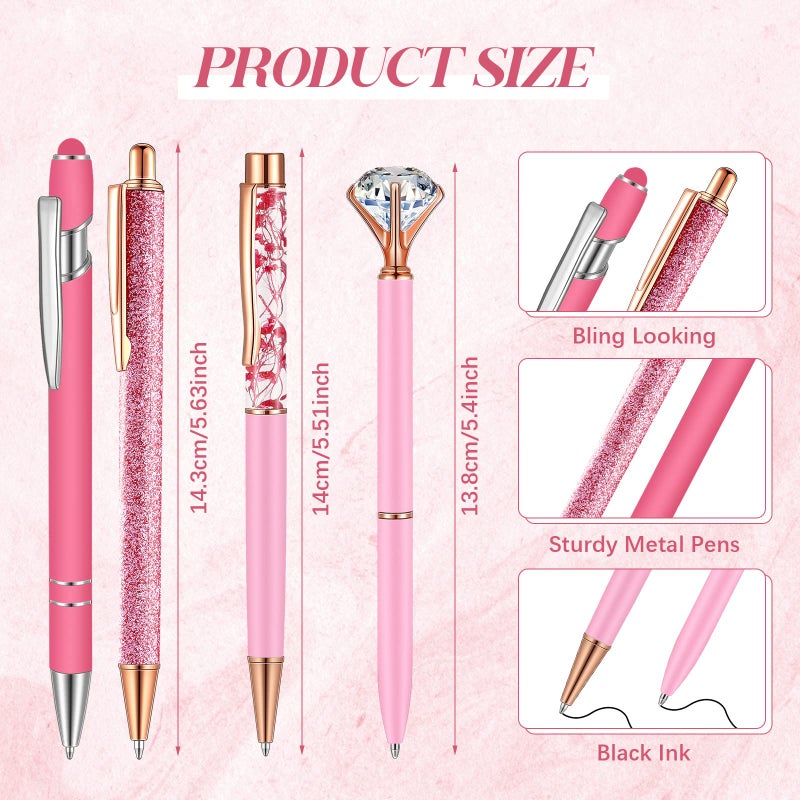 Sabary 8 Pcs Pink Pens with Pen Holder for Desk Glitter Crystal Diamond Cute Ballpoint Fancy Pencil Holder Bling Desk Organizer for Women Girls Gifts School Office Wedding Supplies - Image 3