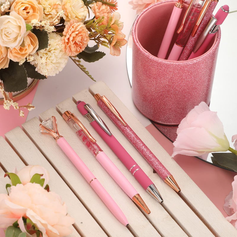 Sabary 8 Pcs Pink Pens with Pen Holder for Desk Glitter Crystal Diamond Cute Ballpoint Fancy Pencil Holder Bling Desk Organizer for Women Girls Gifts School Office Wedding Supplies - Image 4