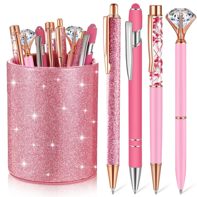 Sabary 8 Pcs Pink Pens with Pen Holder for Desk Glitter Crystal Diamond Cute Ballpoint Fancy Pencil Holder Bling Desk Organizer for Women Girls Gifts School Office Wedding Supplies - Image 1