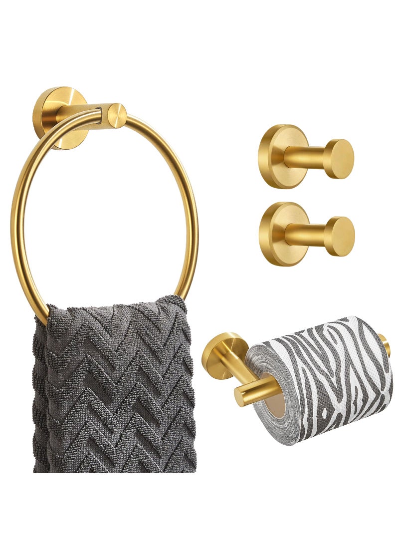 Angle Simple Angle Simple Bathroom Hardware Set SUS304 Stainless Steel Towel Bar Set 4Piece Fixture Accessory Kit with Robe Hook X 2 Toilet Paper Holder Swivel Towel Ring Brushed Gold 