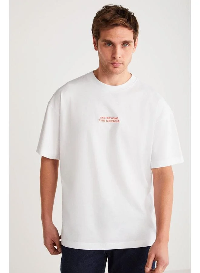 Grimelange Vıto Men's 100% Organic Cotton Embroidered Text Detailed Oversize Loose Fit Short Sleeve White T-shirt.