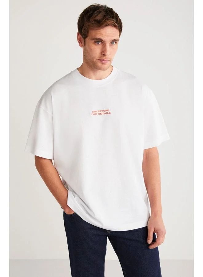 Grimelange Vıto Men's 100% Organic Cotton Embroidered Text Detailed Oversize Loose Fit Short Sleeve White T-shirt.