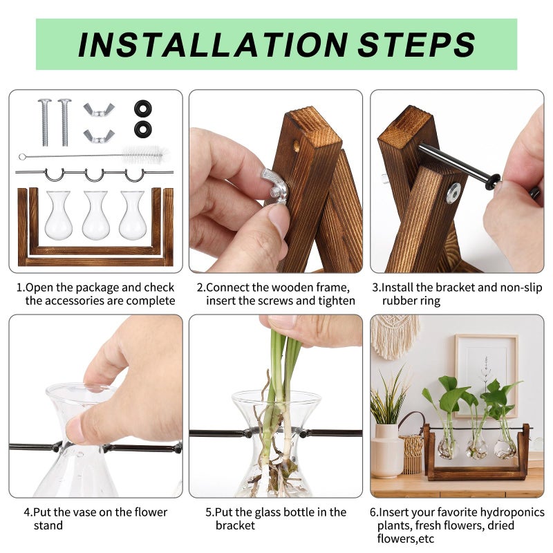 YIBOT Propagation Stations,Plant Terrarium with Retro Wooden Stand, Unique Gardening Birthday Gifts for Women Plant Lovers, Hydroponics Plants Home Office Garden Decor - 3 Bulb Glass Vases - Image 5
