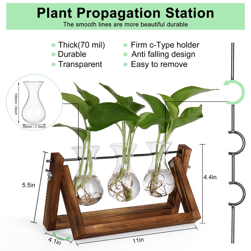 YIBOT Propagation Stations,Plant Terrarium with Retro Wooden Stand, Unique Gardening Birthday Gifts for Women Plant Lovers, Hydroponics Plants Home Office Garden Decor - 3 Bulb Glass Vases - Image 3