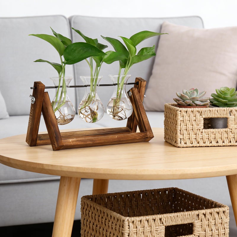 YIBOT Propagation Stations,Plant Terrarium with Retro Wooden Stand, Unique Gardening Birthday Gifts for Women Plant Lovers, Hydroponics Plants Home Office Garden Decor - 3 Bulb Glass Vases - Image 4