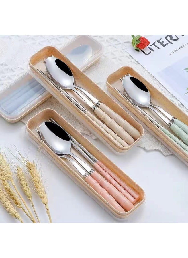 Generic - Portable Stainless Steel Wheat Straw Four-piece Cutlery Set Student Chopsticks Spoon Fork Box Set Meal Time Essentials-Specifications:Green Folding Fork, Spoon And Chopsticks + Box - Image 1