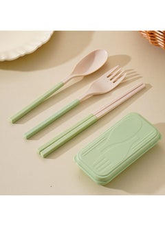 Portable Stainless Steel Wheat Straw Four-piece Cutlery Set Student Chopsticks Spoon Fork Box Set Meal Time Essentials-Specifications:Green Folding Fork, Spoon And Chopsticks + Box