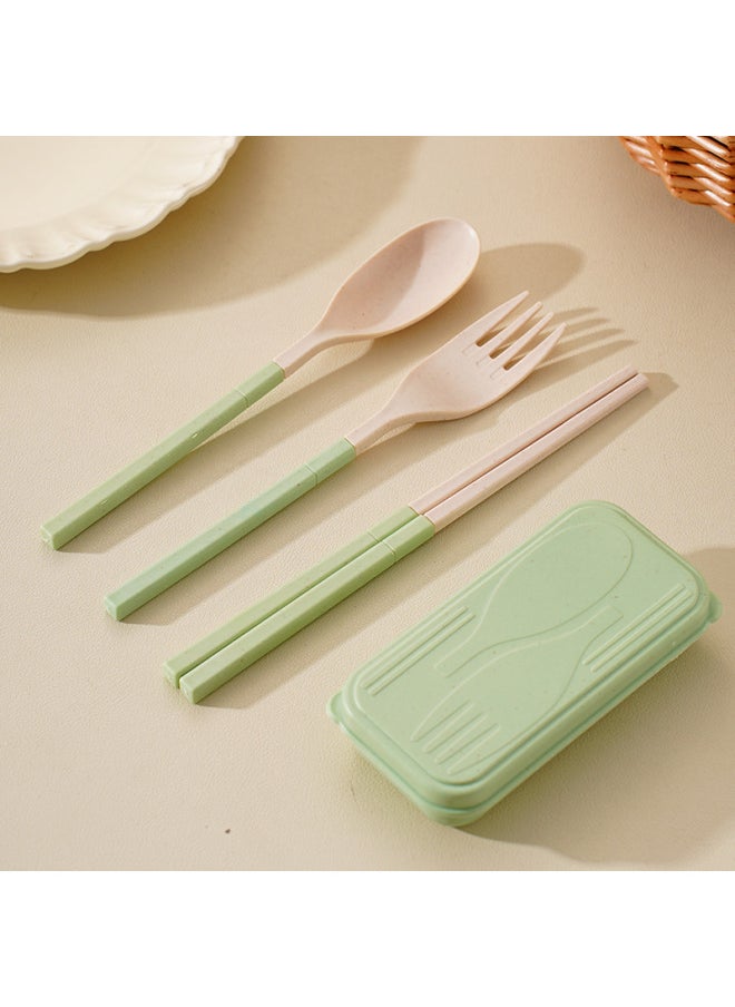 Generic - Portable Stainless Steel Wheat Straw Four-piece Cutlery Set Student Chopsticks Spoon Fork Box Set Meal Time Essentials-Specifications:Green Folding Fork, Spoon And Chopsticks + Box - Image 1