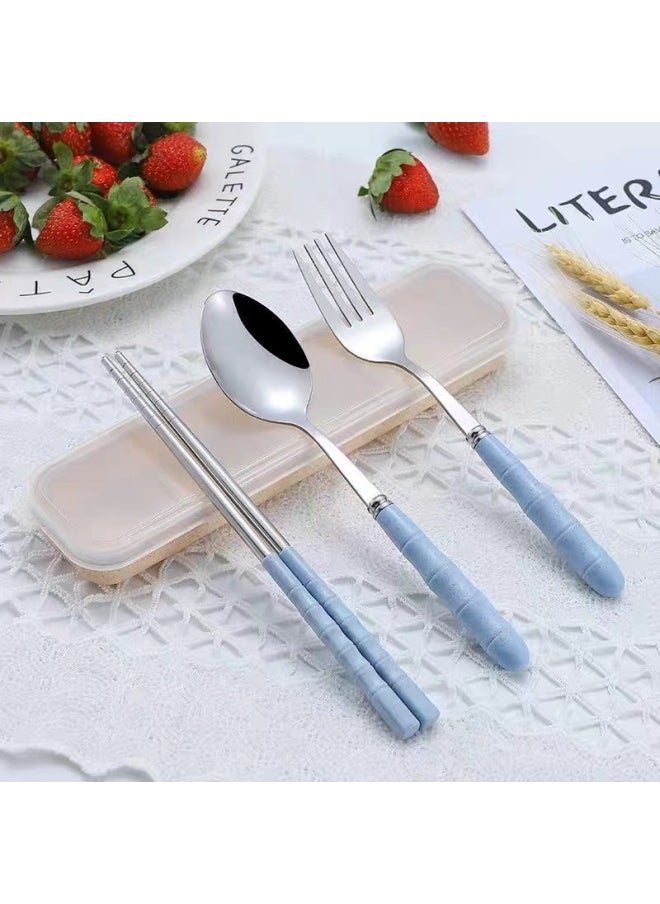 Generic - Portable Stainless Steel Wheat Straw Four-piece Cutlery Set Student Chopsticks Spoon Fork Box Set Meal Time Essentials-Specifications:Green Folding Fork, Spoon And Chopsticks + Box - Image 1