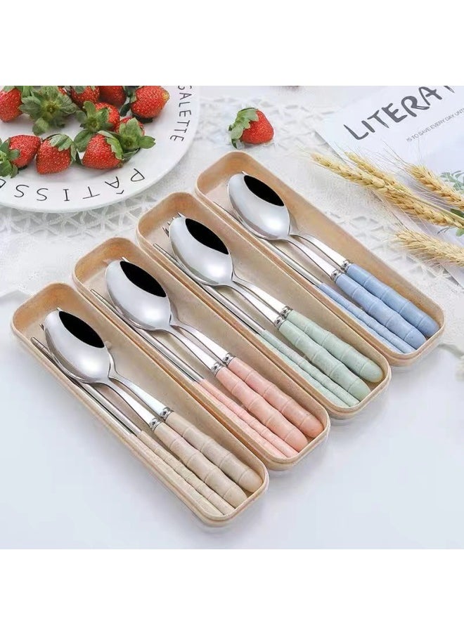 Generic - Portable Stainless Steel Wheat Straw Four-piece Cutlery Set Student Chopsticks Spoon Fork Box Set Meal Time Essentials-Specifications:Green Folding Fork, Spoon And Chopsticks + Box - Image 1