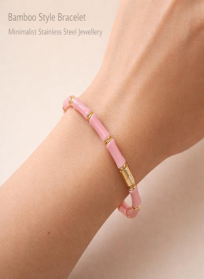 SUPER SOFTENER Pink Bamboo Evil Eye Gold Plated Stainless Steel Cuff Bracelet for Women | Nazar Bangle | Waterproof & Anti-Tarnish | Stylish Gift for Women - Image 2