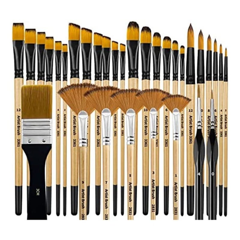 Art Brushes 32-Piece Brown Set - No Hair Loss Or Split Ends Professional Brush Set For Oil Painting, Watercolor, Acrylic Art - Image 1