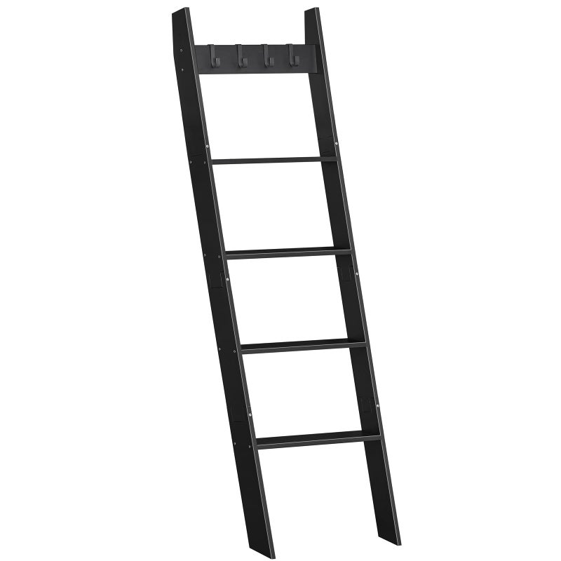 HOOBRO Blanket Ladder for Living Room and Bedroom, 5-Tier Wall Leaning Towel Rack for Bathroom, Decorative Ladder Shelf with 4 Removable Hooks, Farmhouse Blanket Storage, Black BB51CJ01G1 - Image 1