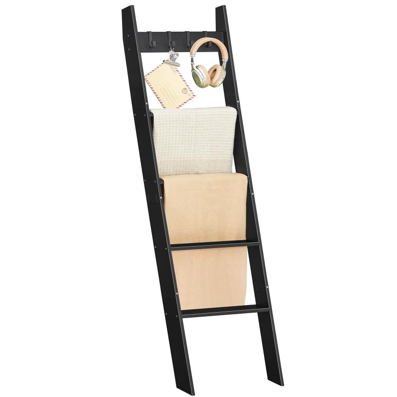 HOOBRO Blanket Ladder for Living Room and Bedroom, 5-Tier Wall Leaning Towel Rack for Bathroom, Decorative Ladder Shelf with 4 Removable Hooks, Farmhouse Blanket Storage, Black BB51CJ01G1 - Image 3