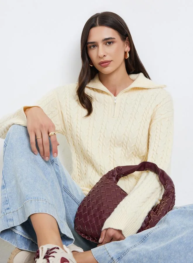 Styli Cream Regular Fit Cable Knit Sweater