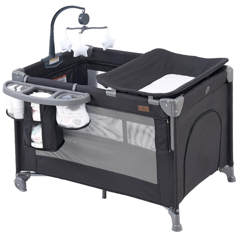 ACCOMBE 5 in 1 Baby Bedside Sleeper,Baby Pack and Play with Bassinet & Mattress,Portable Bedside Crib with Storage, Playard with Bassinet from Newborn to Toddlers(Dark Grey) (Light Gray) - Image 1