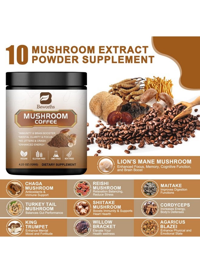 B BEWORTHS قهوة الفطر - مسحوق فطر ليوينز مان مع فطر ليوينز مان، ريشى، تشاجا، كورديسيبس، وذيل الديك الرومي - بديل قهوة الفطر للطاقة، وضوح الذهن والتركيز، معزز للدماغ - Image 2