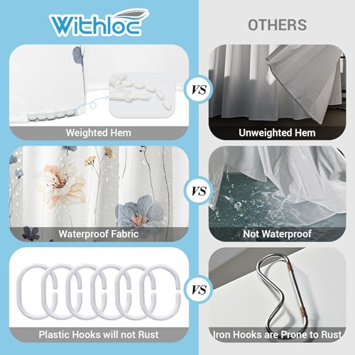 WITHLOC Waterproof Shower Curtain Set with Hooks - Watercolor Blue Beige Floral Plant Shower Curtains for Bathroom, 72 x 72 - Image 2