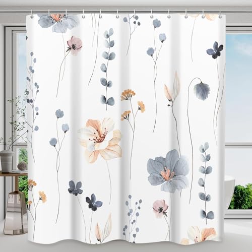 WITHLOC Waterproof Shower Curtain Set with Hooks - Watercolor Blue Beige Floral Plant Shower Curtains for Bathroom, 72 x 72 - Image 1