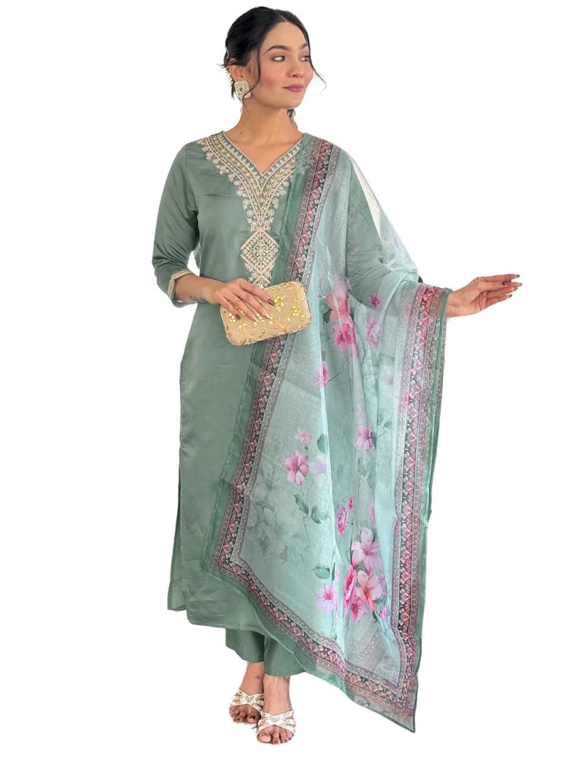 Naixa Women's Rayon Embroidered Straight Kurta with Pant and Dupatta Sets (NX-696-Pista-5XL) - Image 1