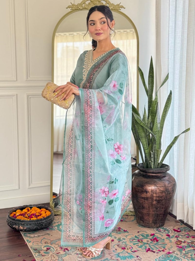 Naixa Women's Rayon Embroidered Straight Kurta with Pant and Dupatta Sets (NX-696-Pista-5XL) - Image 3