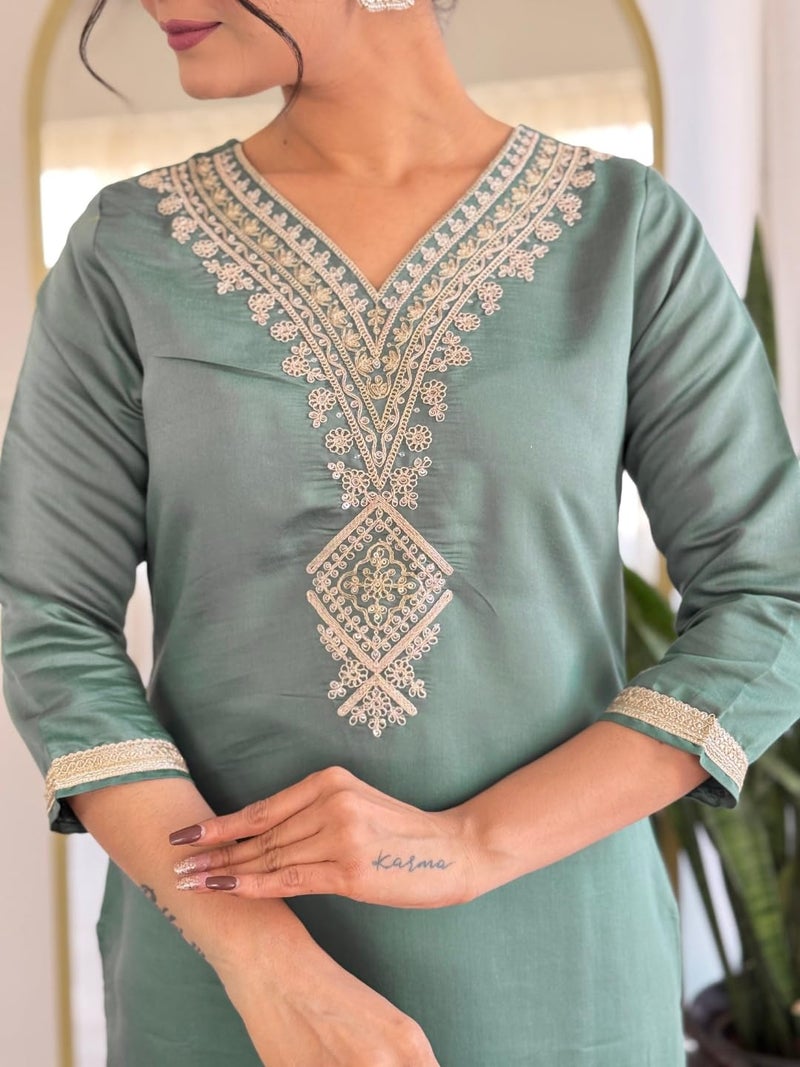 Naixa Women's Rayon Embroidered Straight Kurta with Pant and Dupatta Sets (NX-696-Pista-5XL) - Image 5