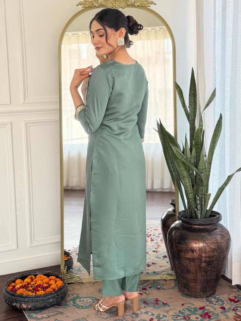Naixa Women's Rayon Embroidered Straight Kurta with Pant and Dupatta Sets (NX-696-Pista-5XL) - Image 4