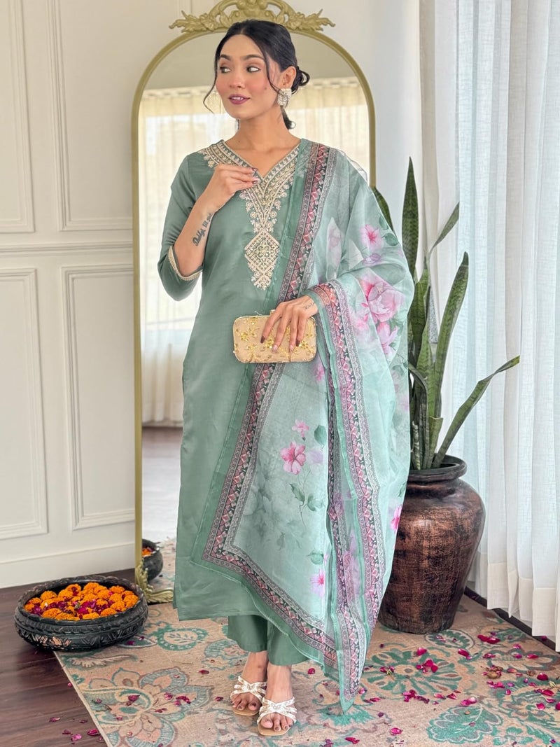 Naixa Women's Rayon Embroidered Straight Kurta with Pant and Dupatta Sets (NX-696-Pista-5XL) - Image 2