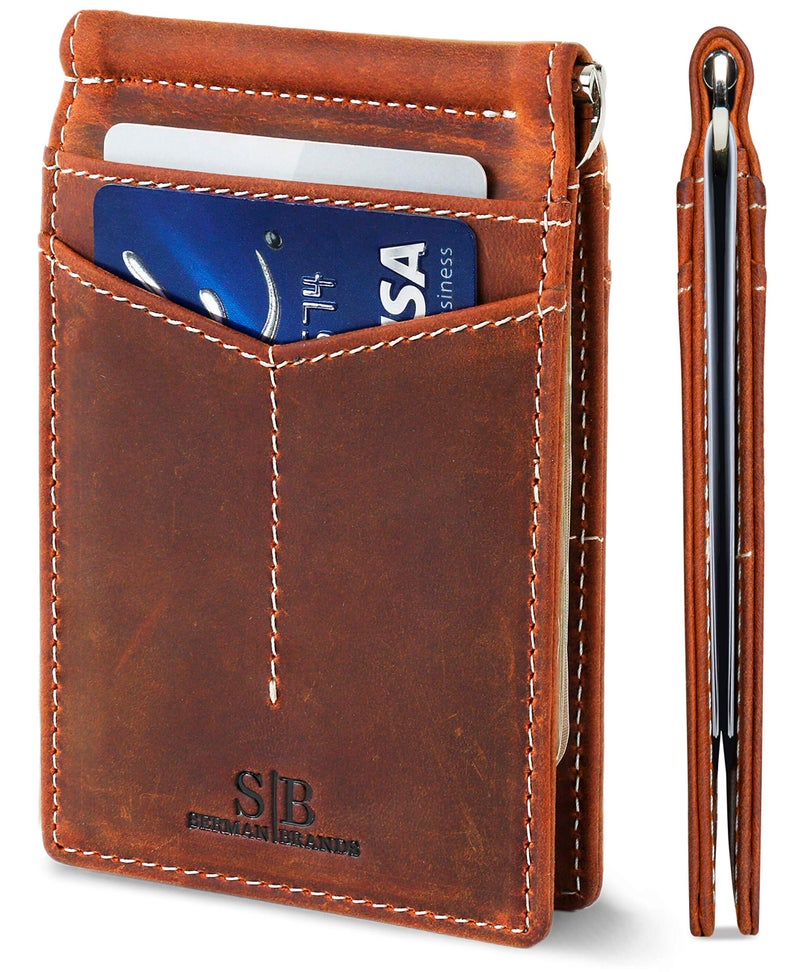 SERMAN BRANDS RFID Blocking Wallet Slim Bifold - Genuine Leather Minimalist Front Pocket Wallets for Men with Money Clip Gift (Canyon Red) - Image 1