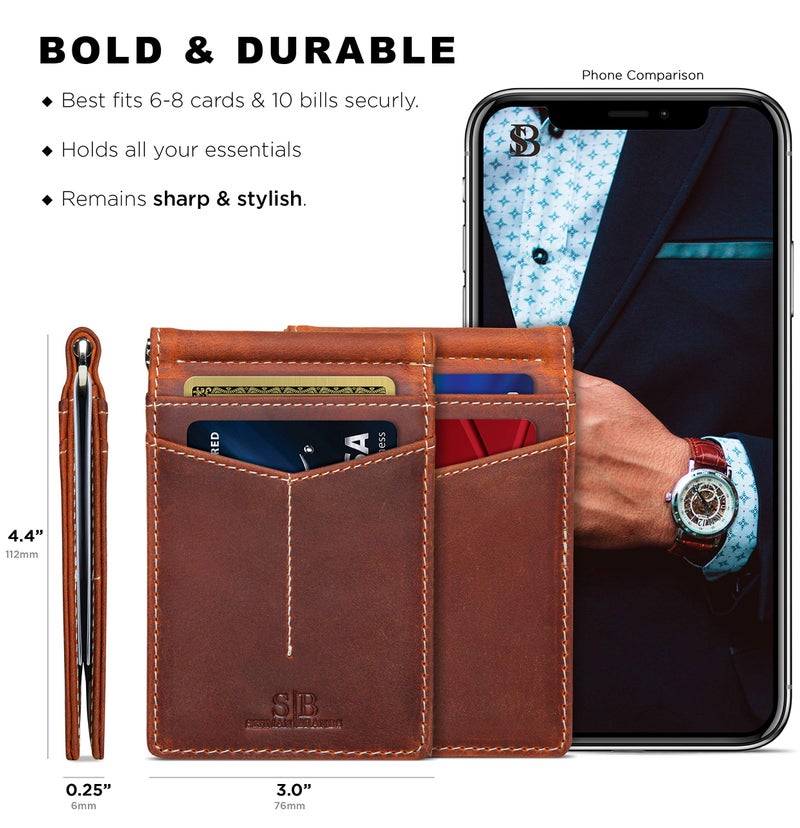 SERMAN BRANDS RFID Blocking Wallet Slim Bifold - Genuine Leather Minimalist Front Pocket Wallets for Men with Money Clip Gift (Canyon Red) - Image 3