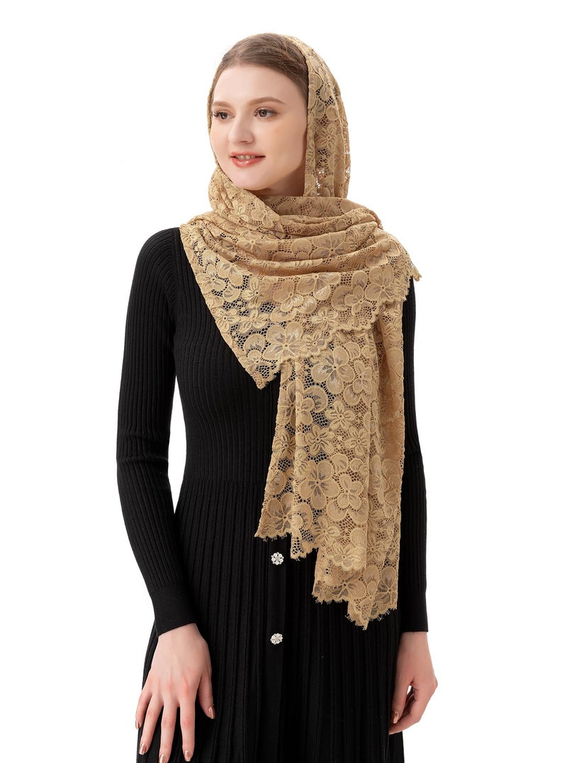 PAMOR Women Rectangular Chapel Veil Scarf Catholic Church Veils Mantilla Wrap Shawl Mass Head Covering (Beige) - Image 2