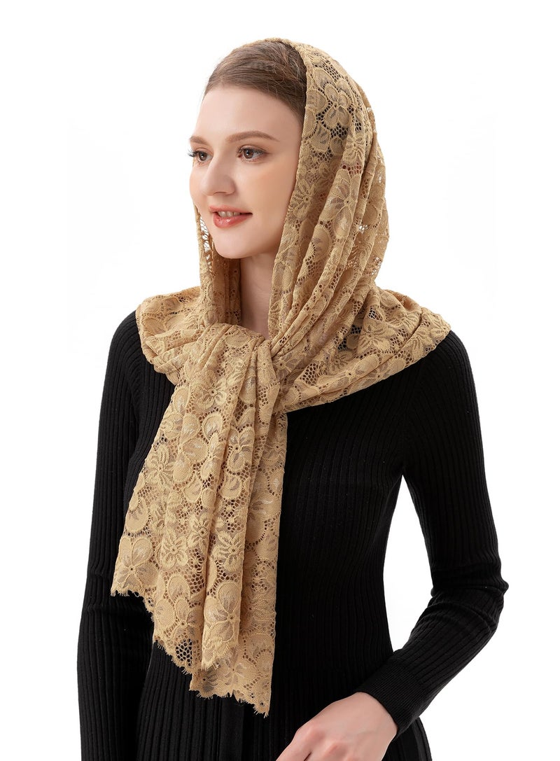 PAMOR Women Rectangular Chapel Veil Scarf Catholic Church Veils Mantilla Wrap Shawl Mass Head Covering (Beige) - Image 3