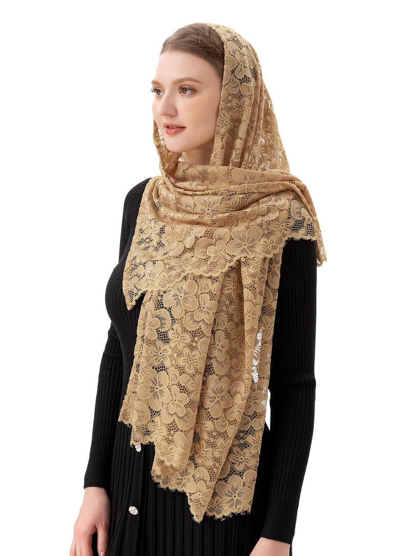 PAMOR Women Rectangular Chapel Veil Scarf Catholic Church Veils Mantilla Wrap Shawl Mass Head Covering (Beige) - Image 1