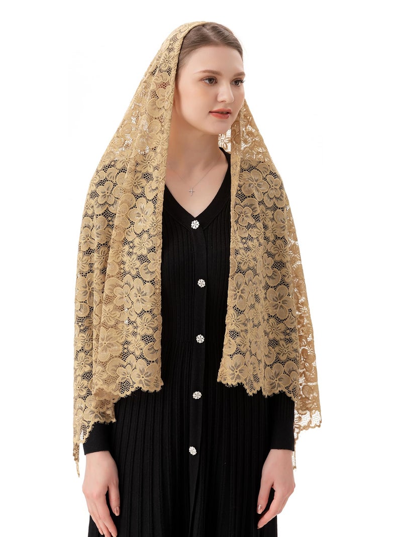 PAMOR Women Rectangular Chapel Veil Scarf Catholic Church Veils Mantilla Wrap Shawl Mass Head Covering (Beige) - Image 5