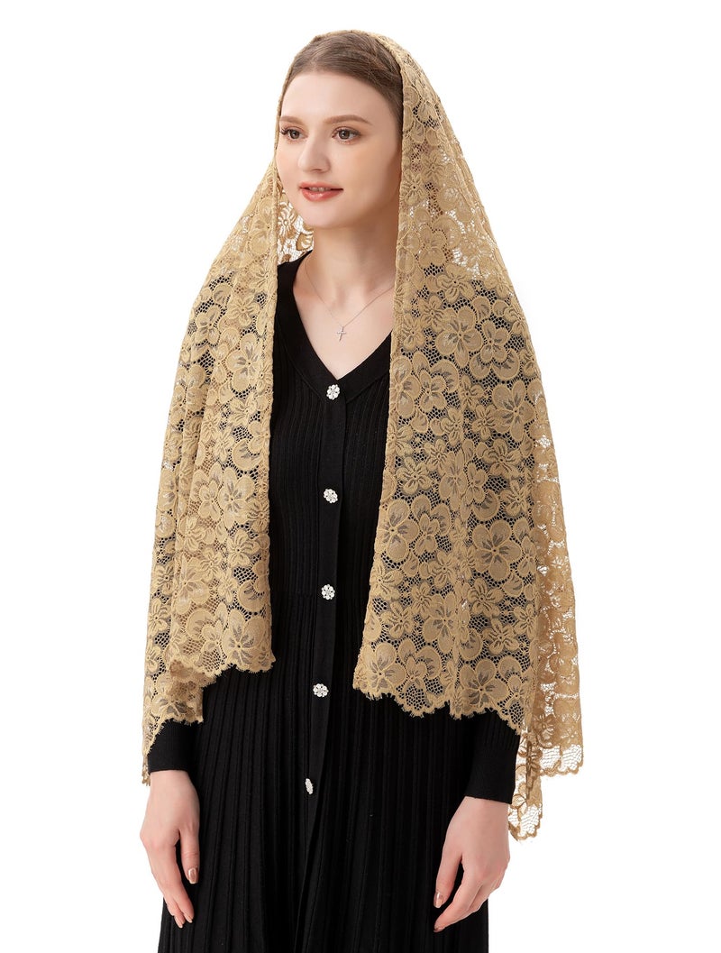 PAMOR Women Rectangular Chapel Veil Scarf Catholic Church Veils Mantilla Wrap Shawl Mass Head Covering (Beige) - Image 4