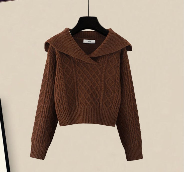 Navy collar retro Japanese lazy style sweater autumn 2022 short top with skirt two-piece set Coffee top - Image 1
