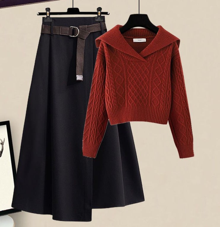 Navy collar retro Japanese lazy style sweater autumn 2022 short top with skirt two-piece set Coffee top - Image 5