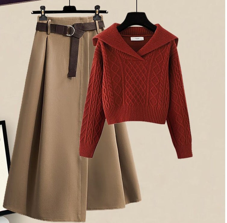 Navy collar retro Japanese lazy style sweater autumn 2022 short top with skirt two-piece set Coffee top - Image 4
