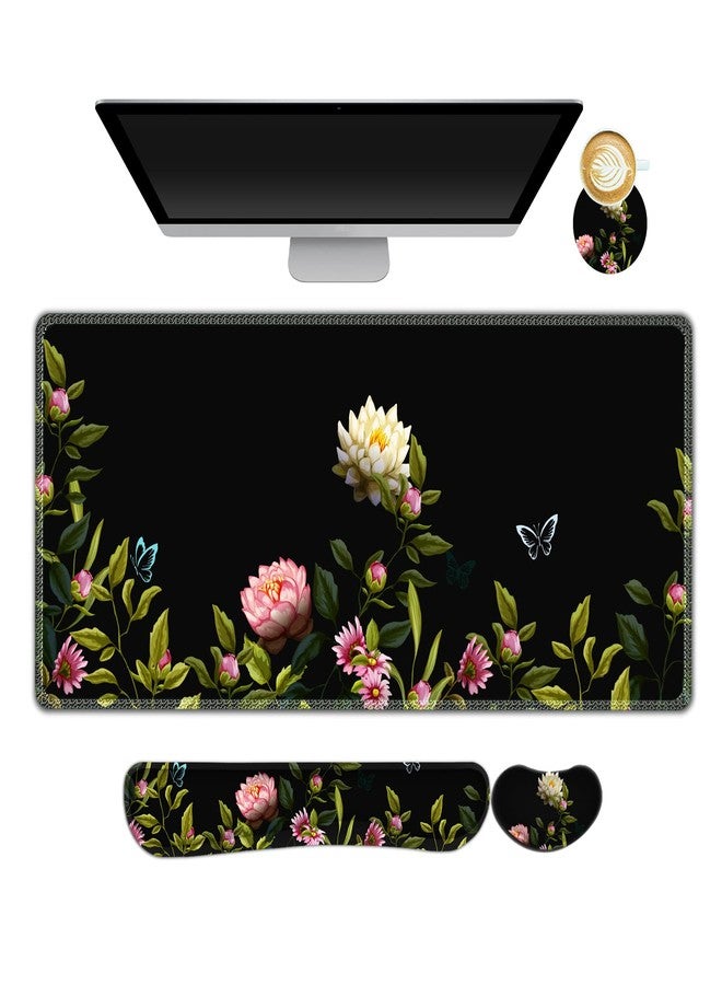 ARTSO Gaming Mouse Pad Wrist Support Set, XXL Large Desk Mat Mousepad + Keyboard Wrist Support+ Mouse Wrist Rest+Coaster 4in1 Ergonomic, Stitched Edge for Home Office -Flowers and Butterflies - Image 1