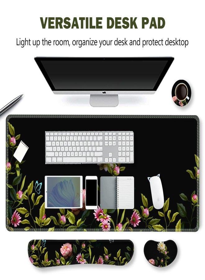 ARTSO Gaming Mouse Pad Wrist Support Set, XXL Large Desk Mat Mousepad + Keyboard Wrist Support+ Mouse Wrist Rest+Coaster 4in1 Ergonomic, Stitched Edge for Home Office -Flowers and Butterflies - Image 2