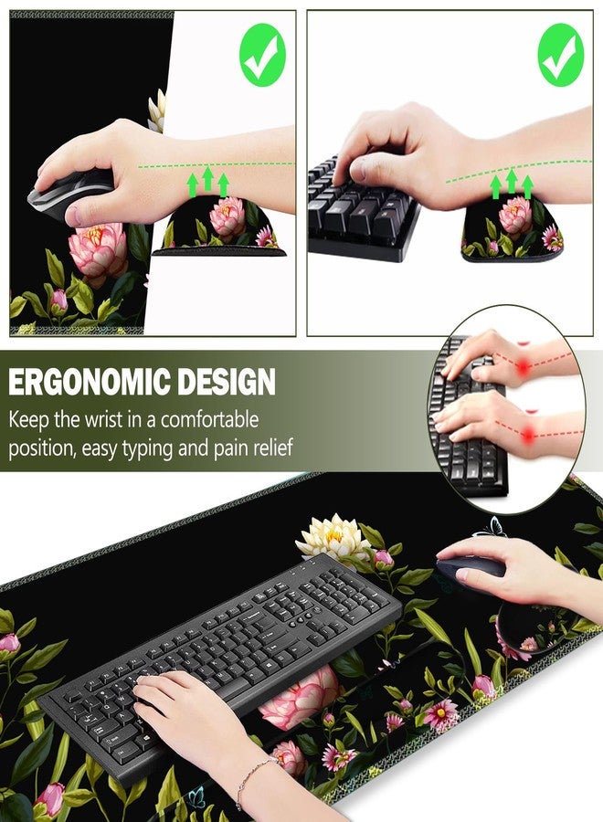 ARTSO Gaming Mouse Pad Wrist Support Set, XXL Large Desk Mat Mousepad + Keyboard Wrist Support+ Mouse Wrist Rest+Coaster 4in1 Ergonomic, Stitched Edge for Home Office -Flowers and Butterflies - Image 4